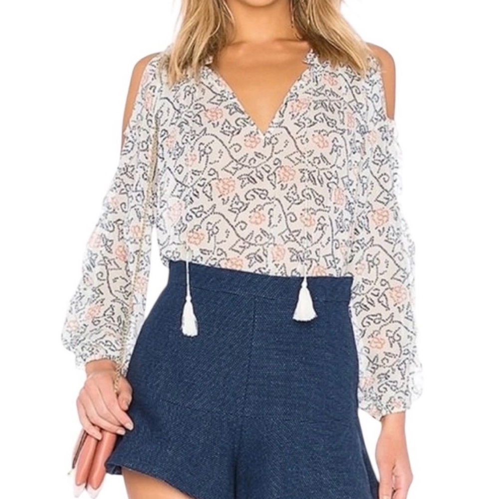 Ulla Johnson 100% Silk White Floral Cold-Shoulder V-Neck Blouse